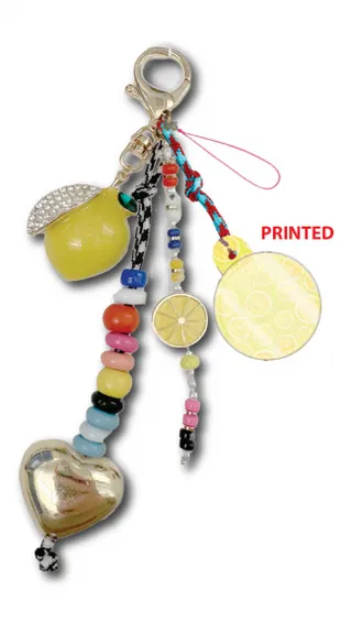 Lemon Fruit Charm Bag Pendant, Heart Beaded Braided Rope Keychain, Alloy + Glass Beads + Acrylic Multi-Color Tassel Keychain for Women Girls