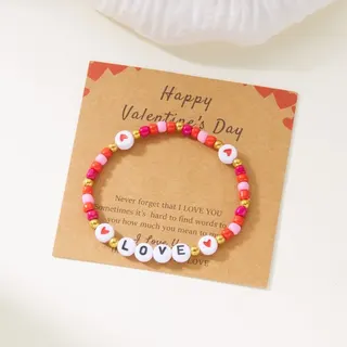 Valentine's Day Beaded Bracelet for Women - Pink Heart Charm Elastic String Bracelet 18cm, Sweet Candy Color, with Kraft Card Gift Packaging