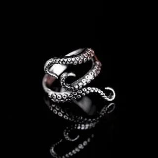 Punk Octopus Ring Adjustable Open Band, Antique Silver Alloy, Handmade Beaded Texture, Statement Finger Ring for Women Men