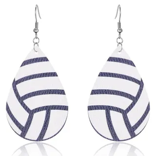Volleyball Pattern Teardrop Leather Earrings, Blue & White Striped Sporty Dangle Earrings, Lightweight Statement Hoops for Women