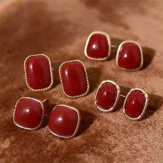 Vintage Red Geometric Square Stud Earrings Set of 4 Pairs, 18K Gold Plated Alloy with Resin Stone, French Retro Minimalist Jewelry for Women