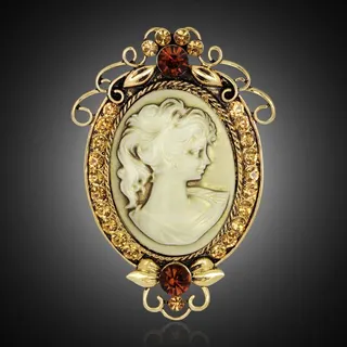 Vintage Royal Cameo Brooch, Antique Gold Rhinestone Crystal Pin with Garnet Accent, Oval Relief Portrait Lady Brooch & Scarf Clip, French Retro Jewelry for Dress Coat, 6.8x4.7cm