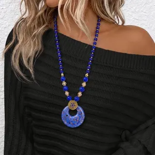 Bohemian Vintage Glass Bead Long Sweater Necklace 70cm Hollow Ring Pendant Women's Statement Chain for Knitwear
