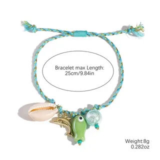 Summer Ocean Style Braided Bracelet with Natural Shell & Ceramic Dolphin Charm, Adjustable Beaded Hand Jewelry for Women, 25cm