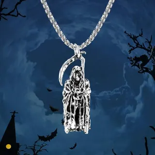 Gothic Grim Reaper Scythe Necklace, Halloween Ghost Pendant Chain, Antique Silver Alloy Long Necklace 60+5cm, Dark Punk Cosplay Jewelry for Men Women