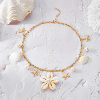 Summer Shell Flower Necklace Women Boho Beach Jewelry Pearl Starfish Dangle Gold Chain Adjustable Pendant Necklace