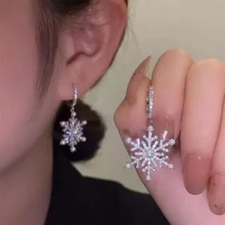 Snowflake Drop Earrings with Pearl & Cubic Zirconia, Silver Alloy Vacuum Plated, 3.6cm Sparkly Christmas Holiday Dangle Earrings for Women