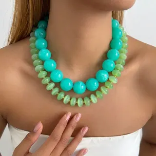 Dopamine Green Acrylic Bead Necklace 2-Piece Set, Turquoise Round Bead + Light Green Flat Bead Layered Chain, 45+5cm Summer Boho Statement Jewelry