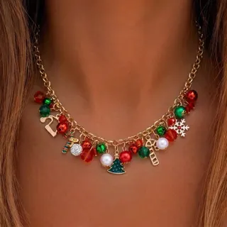 Christmas Multi-Charm Pearl Necklace, 18K Gold Plated Alloy with Christmas Tree, Candy Cane, Snowflake & Enamel Beads, Adjustable 38+7cm Clavicle Chain, Festive Gift for Women