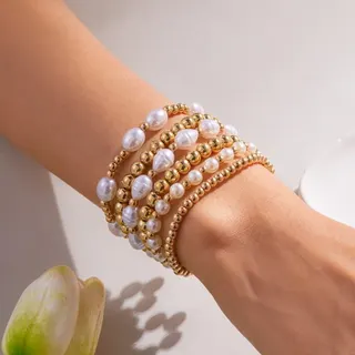 6pcs Pearl Bead Bracelet Set for Women, Elastic Baroque Imitation Pearl & 18K Gold Plated Alloy Bead Multi-Strand Stackable Bracelets, 18cm Adjustable Stretchy Jewelry Gift