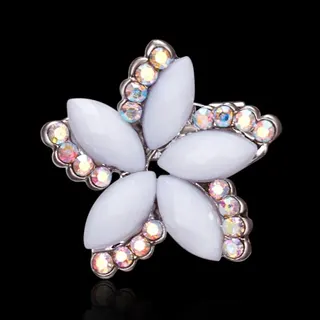 5-Petal Flower Brooch with White Glass Petals & AB Rhinestones, White Gold Plated Alloy, Elegant Pin for Blazer Hat Bag, 1.8cm