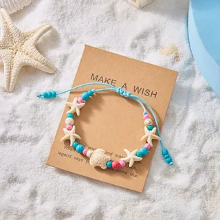 Beach Shell Starfish Beaded Bracelet - White & Blue Ocean Style Handmade Rice Bead Charm Bangle, 18cm, Vacation Gift for Women