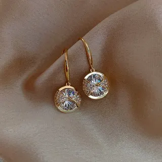 Gold Round Crystal Drop Earrings - 18K Gold Plated Alloy with Rhinestones, Elegant French Vintage Stud Hoops, Face-Slimming Bridal Party Jewelry, 1.1x2.7cm