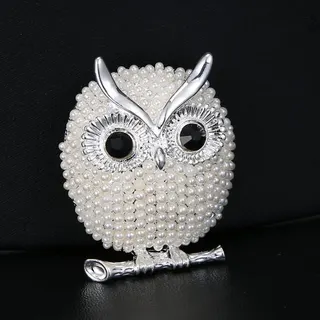 Owl Brooch for Women, White Gold-Tone Pearl Beaded Vintage Brooch with Black Gemstone Eyes, Elegant Lapel Pin for Blazer Coat Scarf, Gift for Mom Teacher