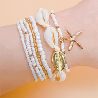 Boho Beach Shell & Starfish Beaded Bracelet Set of 6, Natural Cowrie Shell + Gold-Plated Alloy Starfish, Elastic Stackable Wrist Anklet for Summer Vacation, Multi-Color
