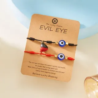 Evil Eye Lucky Charm Bracelet Set for Couples & Best Friends, Red & Black Woven Cord with Resin Blue Eye Bead, Adjustable 18-30cm Protective Amulet Handmade Bracelet Gift