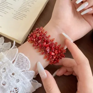Bohemian Red Stone Bead Bracelet - Handmade Frond Strand Necklace, Vintage Ethnic Style, 17cm/6.69in, 20g, Vacation Layering Jewelry