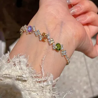White Gold Tone Cubic Zirconia Bracelet for Women - Irregular Geometric Multi-Color Gem Paved Tennis-Style Chain, 18cm, French Vintage Layering Jewelry