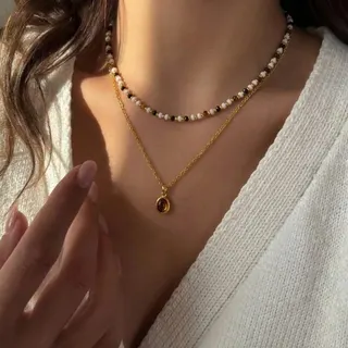 Natural Tiger Eye Beaded Pendant Necklace Set of 2 Layered Chains