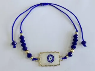 Bohemian Evil Eye Bracelet, Blue Beaded Adjustable Cord Bracelet with Gold Evil Eye Charm, Protective Lucky Hand Jewelry for Women