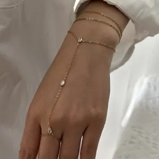 Minimalist Gold Stainless Steel Hand Chain with Zirconia - 3-Layer Finger & Wrist Bracelet, Hypoallergenic Tarnish-Free Delicate Chain Jewelry for Women
