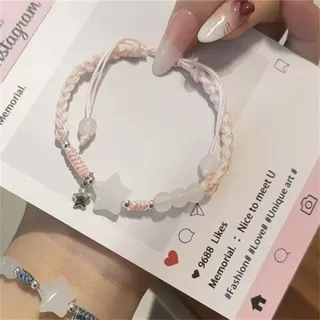 Pink Star Moon Resin Beaded Braided Bracelet, Adjustable Drawstring Handmade Cord Wristband with Alloy Star Charm, Sweet Kawaii Jewelry for Women Girls, 16-26cm
