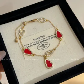 Vintage Gourd Charm Bracelet for Women - 18K Gold Plated Alloy with Rhinestone & Pearl Inlay, Red Lucky Haku Drop Pendant, Adjustable 17+5cm, Gift Box, Lucky Year / Blessing Jewelry