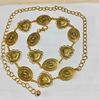 Vintage Bohemian Heart & Oval Waist Chain Belt, Gold Alloy 18K Gold Plated, Hollow Filigree Metal Body Chain for Dress & Party, Approx 120cm Adjustable