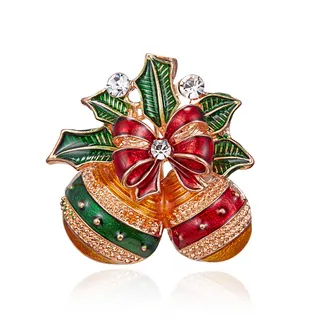 Christmas Brooch Double Bell Bow Holly Leaf Rhinestone Enamel Alloy Gold Plated Women Holiday Jewelry Gift 3.5cm