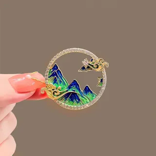 Qianli Jiangshan Landscape Brooch, New Chinese Style Enamel Mountain & Cloud Design with Rhinestone Halo, 18K Gold Plated Alloy Pin for Hanfu & Blazer, 4cm Round