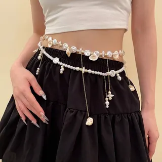 Boho Beach Pearl Shell Conch Tassel Double Layer Body Chain Belt - 18K Gold Plated Alloy with Natural Seashell & Freshwater Pearl, 85cm, Summer Vacation Waist Accessory for Women