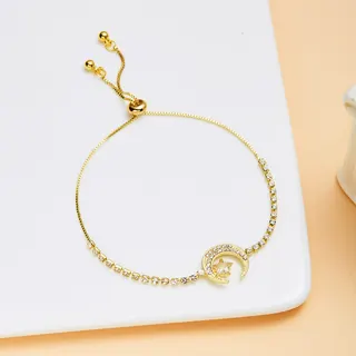 Moon Star Zircon Bracelet for Women, 14K Gold Plated Adjustable Slide Chain, Micro-Pavé Crystal Delicate Bangle Gift