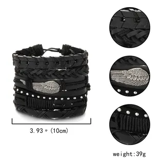 Men's Punk Leather Woven Bracelet Set - Multi-Layer Braided Cuff with Silver Wing Alloy Charm & Rivets, Biker Rock Style, 6PCS (10cm/3.93in)