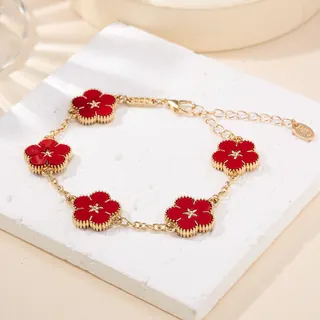Red Plum Blossom Double-Sided Bracelet for Women, 18K Gold Plated Alloy with Red Enamel, Chinese Vintage Floral Chain Bracelet 17+5cm Adjustable, Festive Gift Jewelry