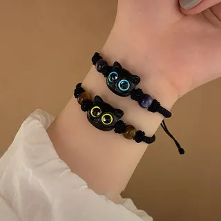 Cute Black Cat Bracelet, Blue-Eye Kitten Bead, Adjustable Braided Cord Handmade String Jewelry, Girl Gift