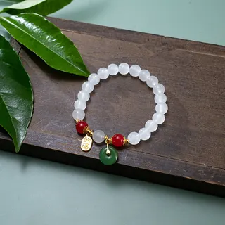 Chinese Style Peace Buckle Lucky Bracelet for Women, Glass Bead Elastic String Bracelet 18-19mm, Gold Fu Charm & Jade Pendant, New Year Gift