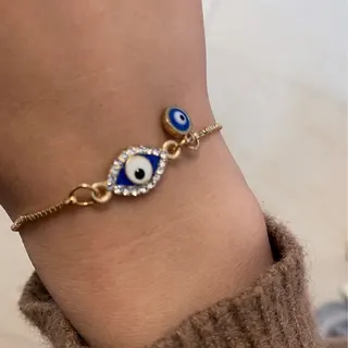 Evil Eye Bracelet for Women, 18K Gold Plated Alloy Stretch Chain with Rhinestone Evil Eye Charm, Boho Lucky Protection Bangle, Adjustable ~19cm