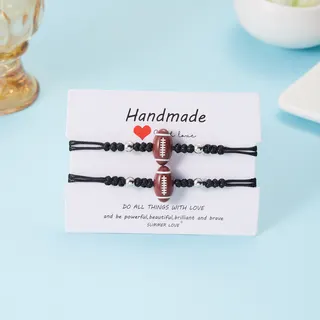 Handwoven Football Bracelet for Couples & Best Friends, Resin American Football Bead with Black Braided Cord & Silver Accents, Adjustable 16-26cm, 2 Pcs Set, Sports Style Gift for Students & Fans