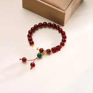Cinnabar-Look Bead Bracelet, New Chinese Style Lion & Lotus Red Round Bead Bracelet with Tassel, Resin Beads, Lucky Charm for Women, 6cm/2.36in