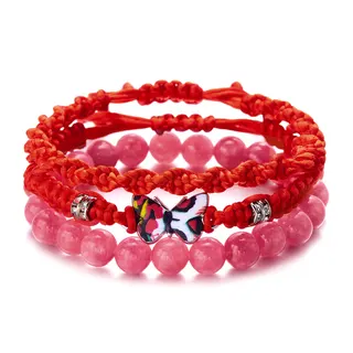 3pcs Natural Stone & Butterfly Woven Red Cord Bracelet Set, 8mm Beads with Rhinestone Butterfly Charm, Adjustable 18-26cm, Women's Stackable Jewelry Gift