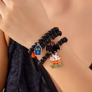 Halloween Bracelet for Women Black Glass Bead Multi-Layer Stack Bracelet with Jack Pumpkin Bat Cupcake & Witch Hat Ghost Charm Cute Holiday Set 16cm Elastic