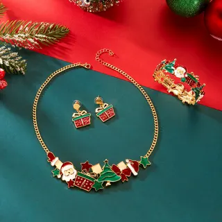 Christmas Enamel Bracelet, 18K Gold Plated Alloy, Santa Claus Christmas Tree Gift Box Open Cuff Bangle, Holiday Party Jewelry Gift, Gold ~6cm