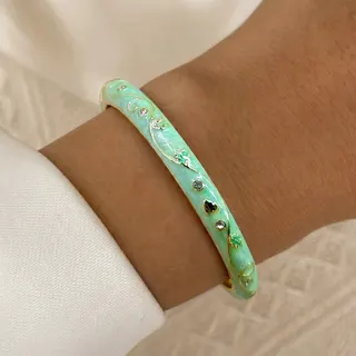 Vintage Enamel Flower Bangle Bracelet - Turquoise Green 18K Gold Plated Alloy with Cubic Zirconia, Boho Luxury Wristband for Women (6cm)