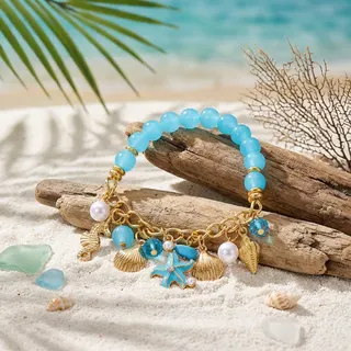 Ocean Starfish Scallop Pearl Bracelet - 18K Gold Plated Alloy & Glass Beads, Multi-Charm Boho Beach Jewelry for Women, 18cm