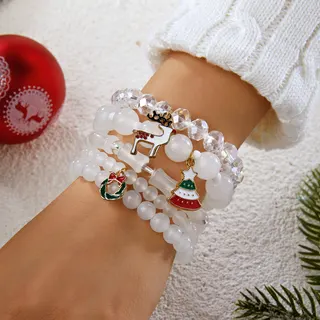 Christmas Beaded Bracelet Set of 5 - Snowflake & Stocking Charm, Red Green White Elastic 18cm, Alloy Crystal Beads, Holiday Gift Jewelry for Women