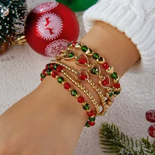 Christmas Beaded Bracelet Set of 4 - Santa Snowflake Tree Candy Cane Charms, Elastic 18cm, Alloy & Acrylic, Red Green White Holiday Gift for Women Girls