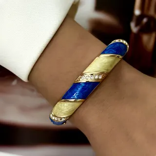 Vintage Enamel Bangle Bracelet Blue White Color Block Wide Wave Pattern 18K Gold Plated Alloy Boho Jewelry for Women