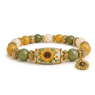 Vintage Bee & Daisy Beaded Bracelet for Women - Glass Beads with 18K Gold Plated Alloy, Hand-painted Oval Charm & Bee Dangle, ~18cm, Green Beige Yellow