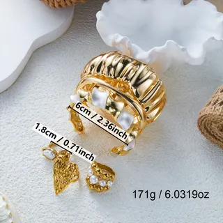 Vintage Gold Open Ring Set - Wide Ruffled Shell-Texture with Mother of Pearl Inlay, Heart Cutout & Pearl Cluster, Bohemian Layered Statement Rings for Women