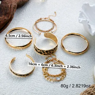 Leopard Print Cuff Bracelet Set for Women, 18K Gold Plated Open Bangle & Rhinestone Chain Bracelets, Boho Layering Jewelry 6-Piece Set